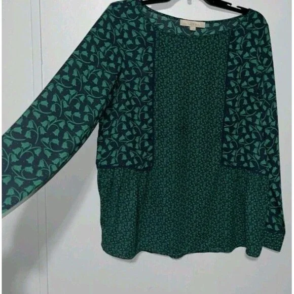 Loft Green and Navy Layered Look Long Sleeve Blouse Size Med - Picture 2 of 8